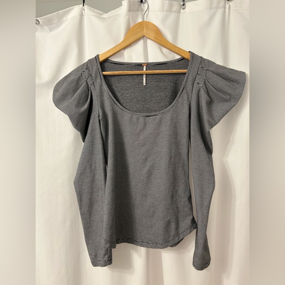 Free People Puff Sleeve White Black Vintage Stripe Caroline Top Size S Women's